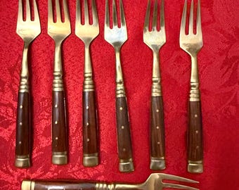 Vintage Thailand Cocktail Forks Bronze & Rose Wood Set of 8  Brass Thai Forks 3 Tines