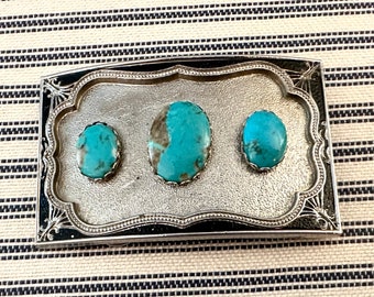 Boucle de ceinture vintage imitation turquoise, 3 pierres sur fond argenté