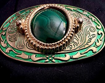 Vintage Green Stone Belt buckle with Gold Beading & Scroll