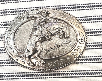Frederic Remington Belt Buckle "The Bronco Buster " 3 dimensional Marked Frederic Remington Art Museum