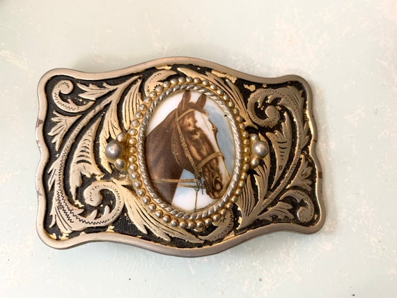 Vintage Belt Buckle Horse Head Enamel Beaded Rims… - image 1
