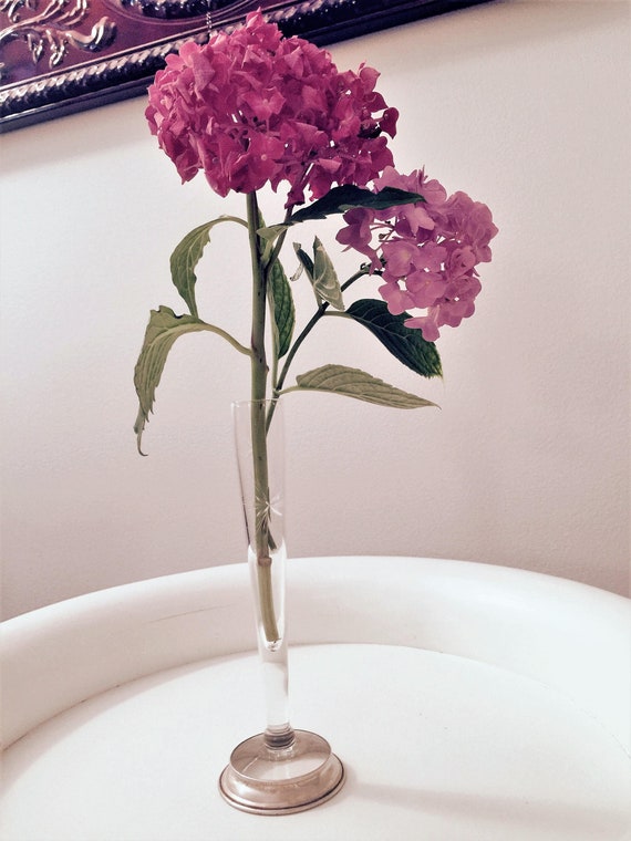 Vintage Bud Vase Pair of Etched Glass Bud Vases with Silver Plate Base Matching Pair - 8 inches high