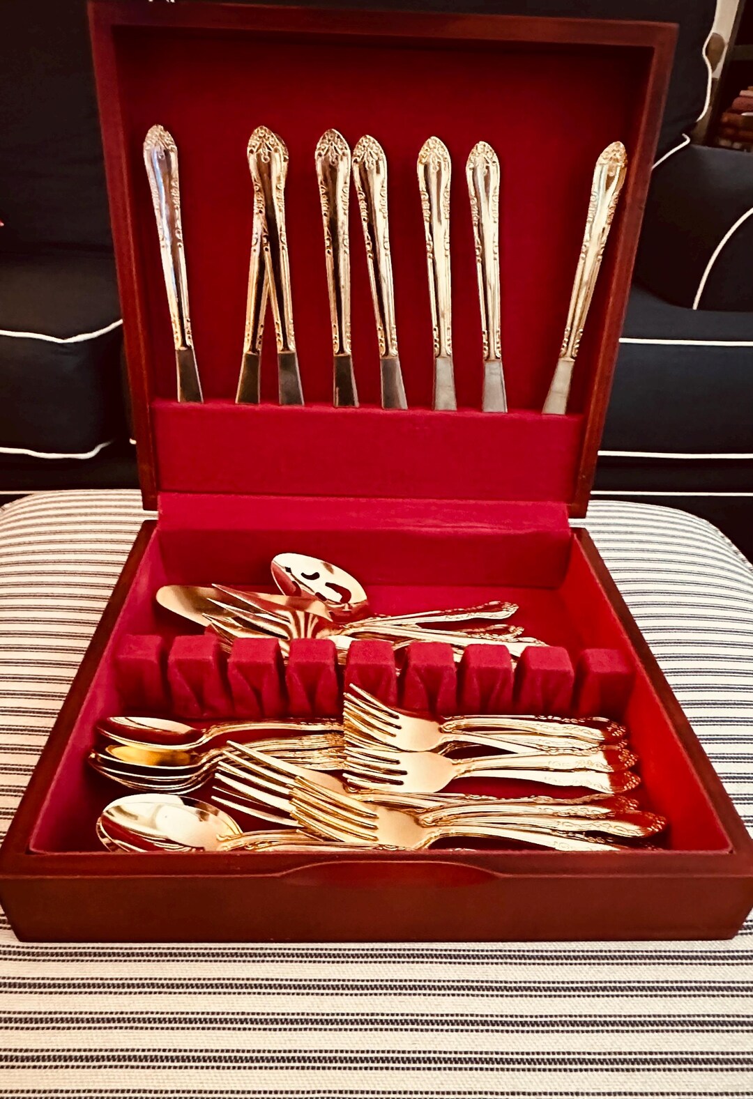 Vintage Stainless Gold Plated Flatware Service For 8 With 6 Serving
