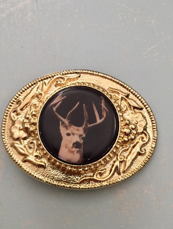 Vintage Deer Belt Buckle Image of a Buck on a Black Stone With Etsy