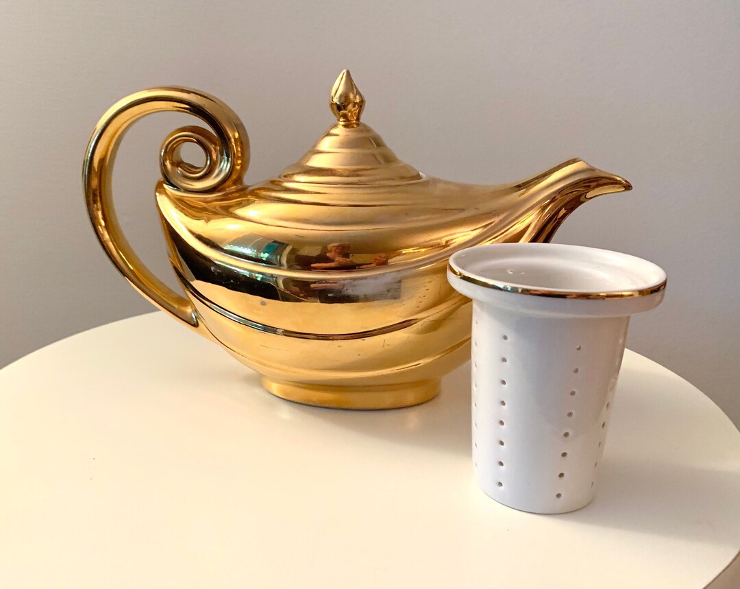 Vintage Hall Alladin Teapot Golden Glo Warranted 22 K Gold With Infuser