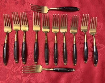 Vintage Thailand 4 Prong Forks Set of 12 Bronze and Black Horn Salad 6 Inch