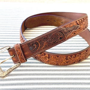 Vintage Belt Size 40 with Silver Engraved Buckle Genuine Hand Tooled Leather Snap on Buckle