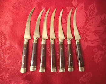 Vintage Thailand 7 Fruit Knives 6 1/4 Inches Brass & Rosewood