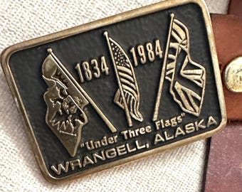 Klamra do paska Wrangell Alaska z litego mosiądzu, ręcznie robiona, USA