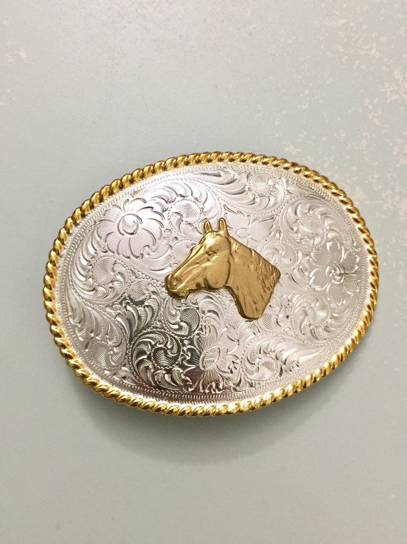 Vintage Belt Buckle Horse Head in Relief Fancy Scroll Work Beaded Edge by Nocona Buckles