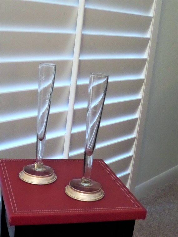 Vintage Bud Vase Pair of Etched Glass Bud Vases with Silver Plate Base Matching Pair - 8 inches high
