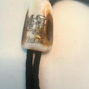 May include: A bolo tie featuring a smooth, cream-colored stone pendant with brown natural markings. The pendant displays a black ink illustration of a cabin and a pine tree, with the word Alaska written below it and a small gold-tone accent.