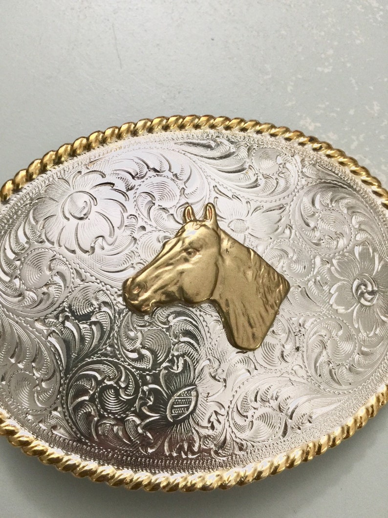 Vintage Belt Buckle Horse Head in Relief Fancy Scroll Work Beaded Edge by Nocona Buckles