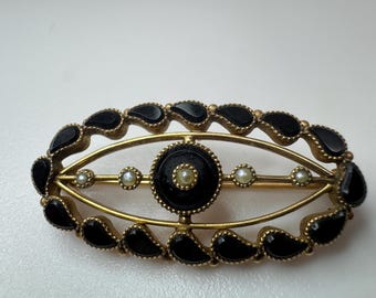 Antique Victorian 10k Onyx and Seed Pearl Mourning Brooch / Pendant
