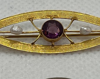 Antique 10k Amethyst & Seed Pearl Brooch Pin