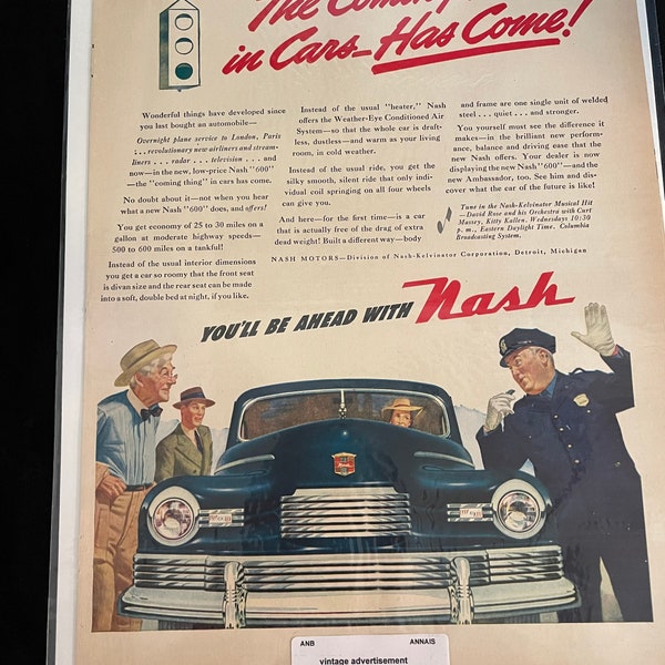 VINTAGE original print ad 1946 Nash 600 Front-End Policeman Directing Traffic Automobile Advertisement