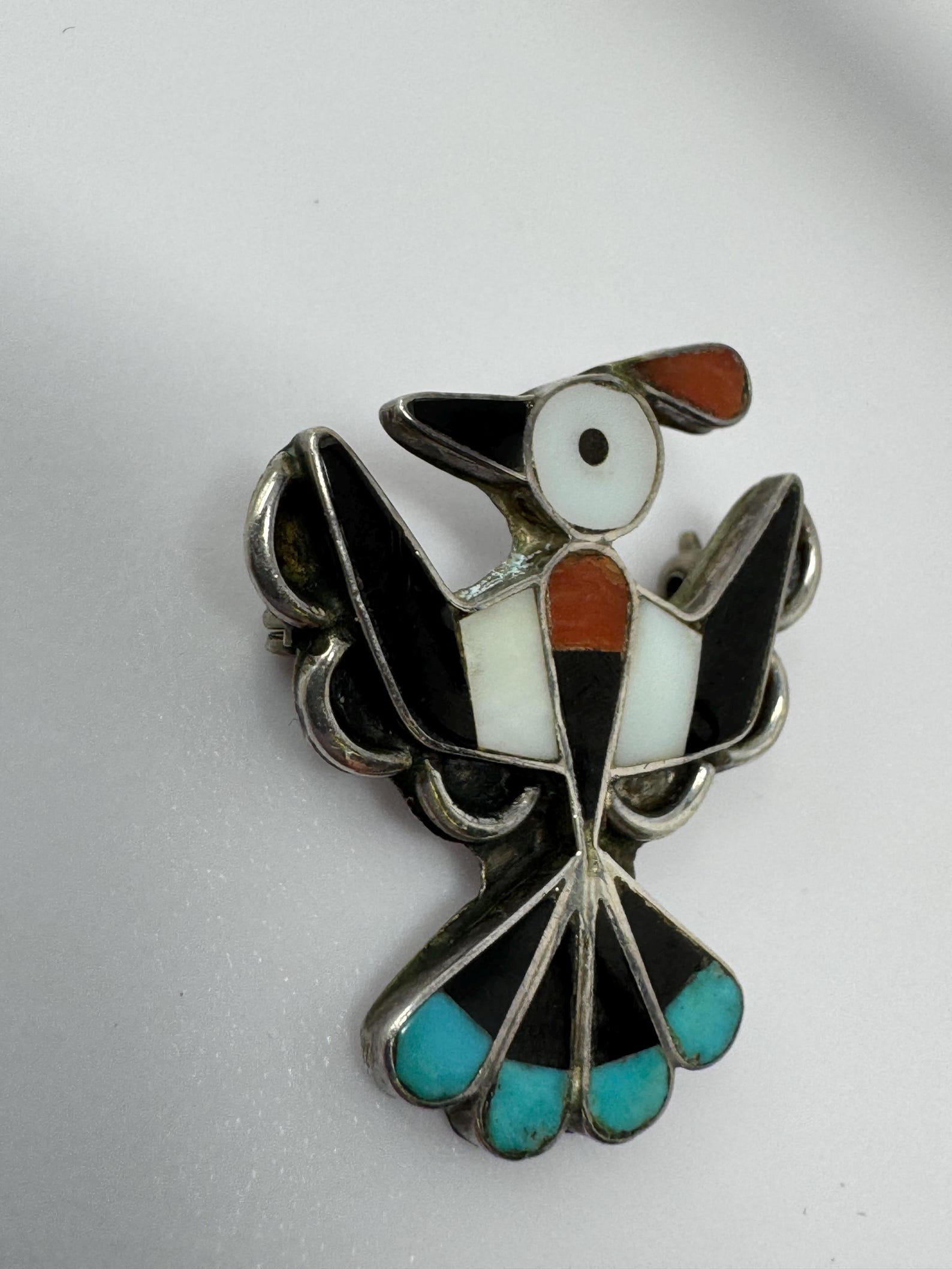 Vintage Zuni Sterling Silver Onyx Coral Mother of Pearl & Turquoise ...