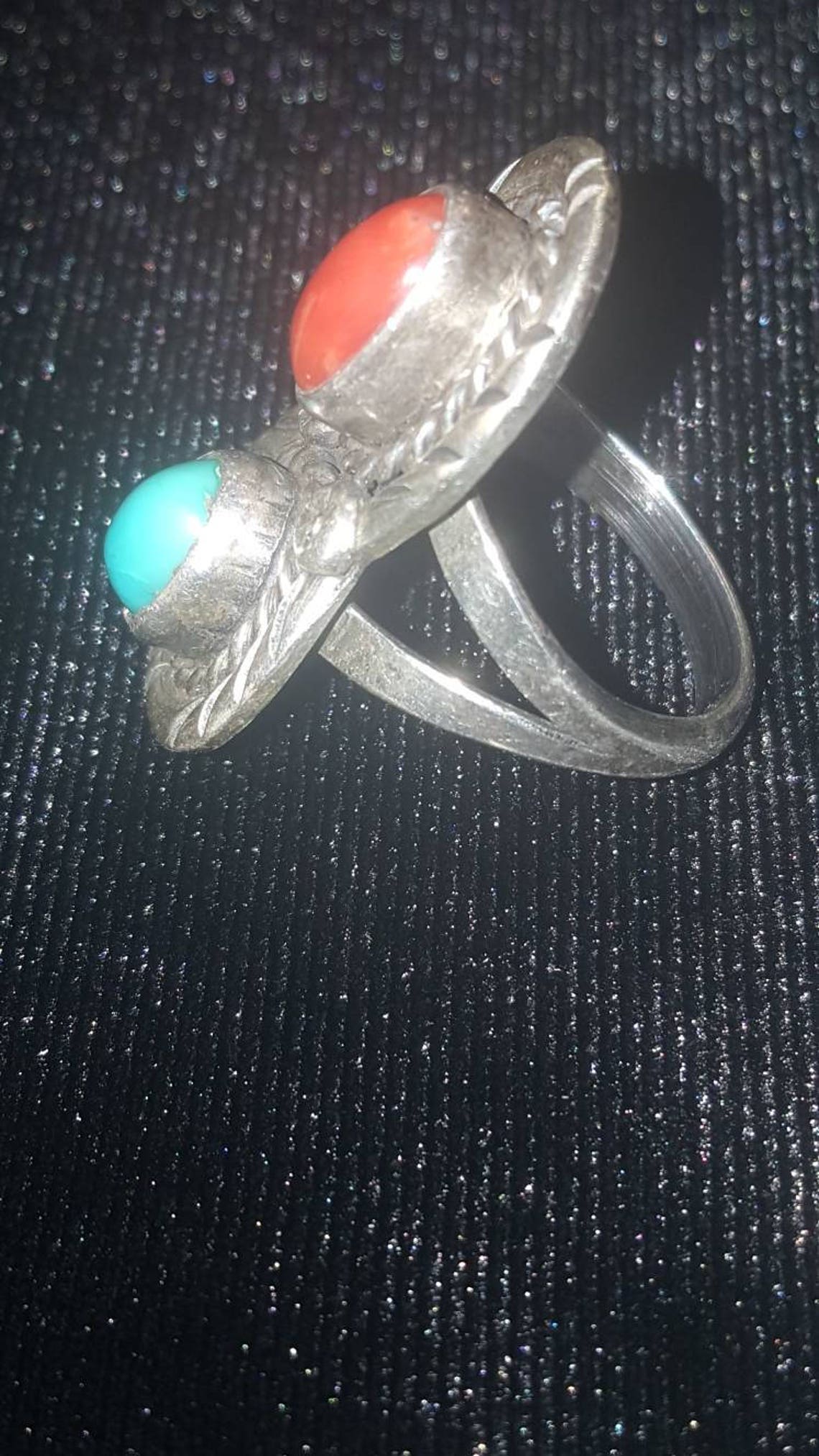 Vintage RBP Sterling Silver Turquoise and Coral Ring Raymond Platero ...