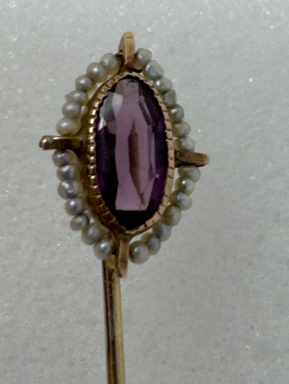 Antique 10k Amethyst Glass Seed Pearl Stick Pin