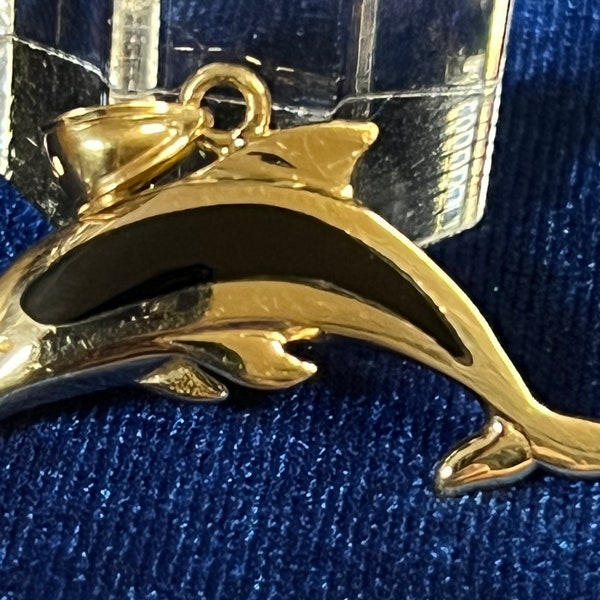 Vintage RCI 14k Onyx Inlay Dolphin Pendant
