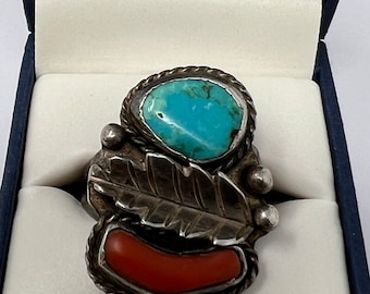 Vintage Old Pawn Navajo Sterling Silver Turquoise & Coral Feather Ring 11 1/2