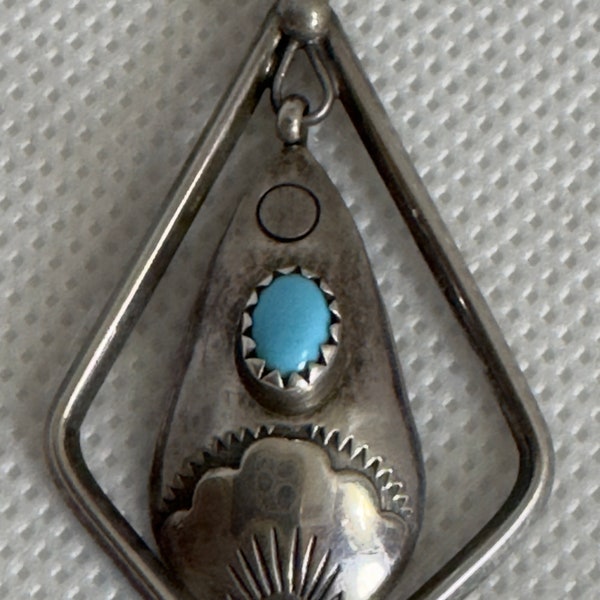 Vintage Navajo SC Sterling Silver stamped pattern Turquoise teardrop pendant