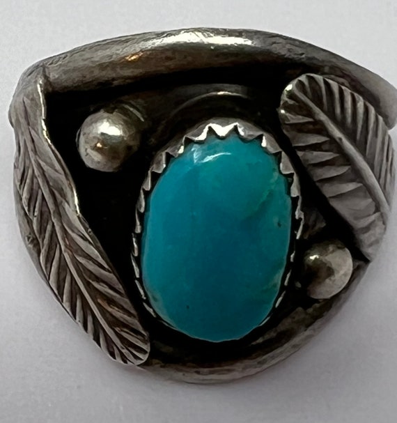 Unique Vintage Native American Navajo Old Kingman Turquoise Sterling Silver Shadowbox Ring Old Unique Vintage Native American Navajo Old Kingman Turquoise Sterling Silver Shadowbox Ring Old