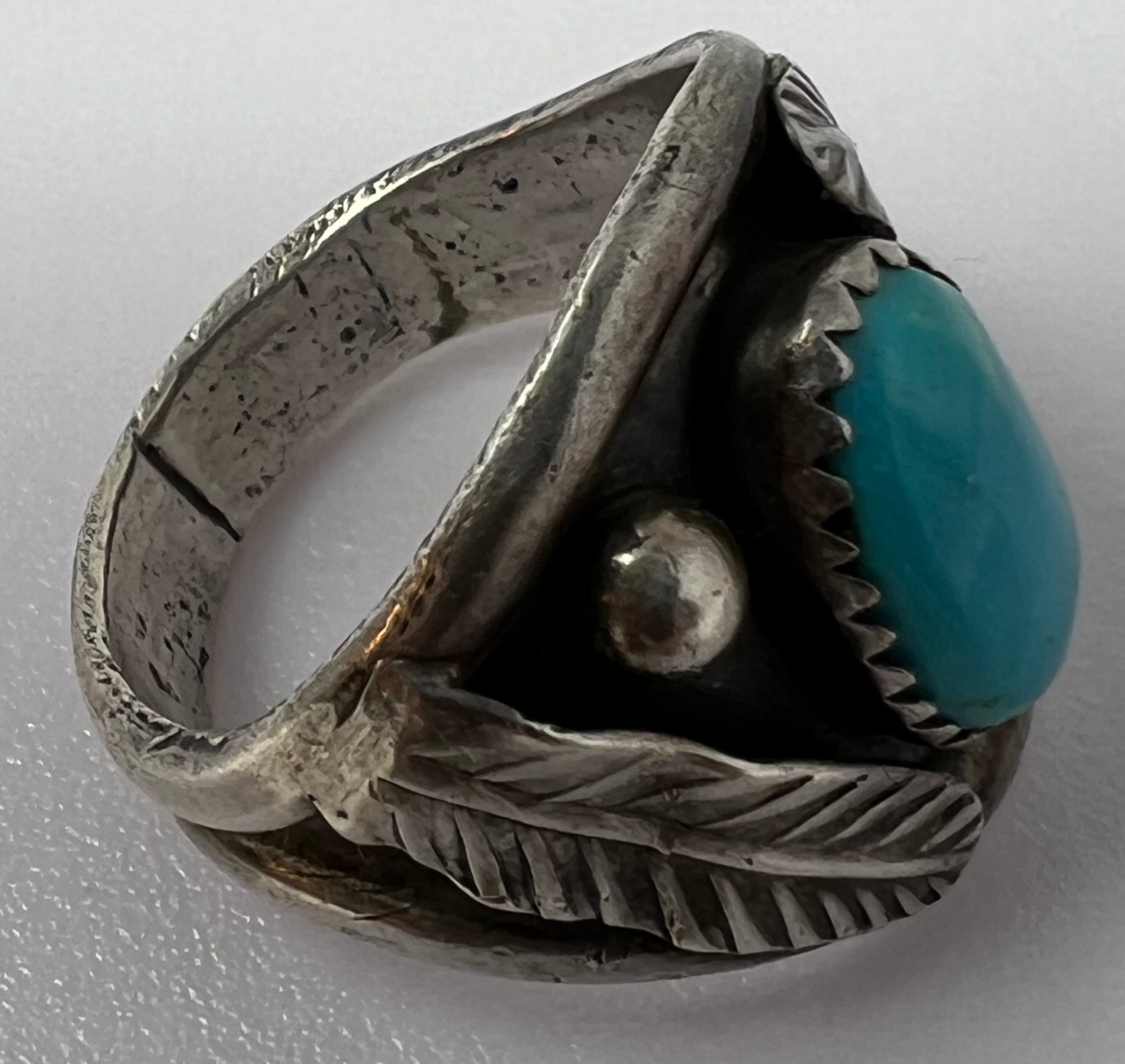 Vintage Old Pawn Navajo Sterling Silver Turquoise Feather Ring 7 