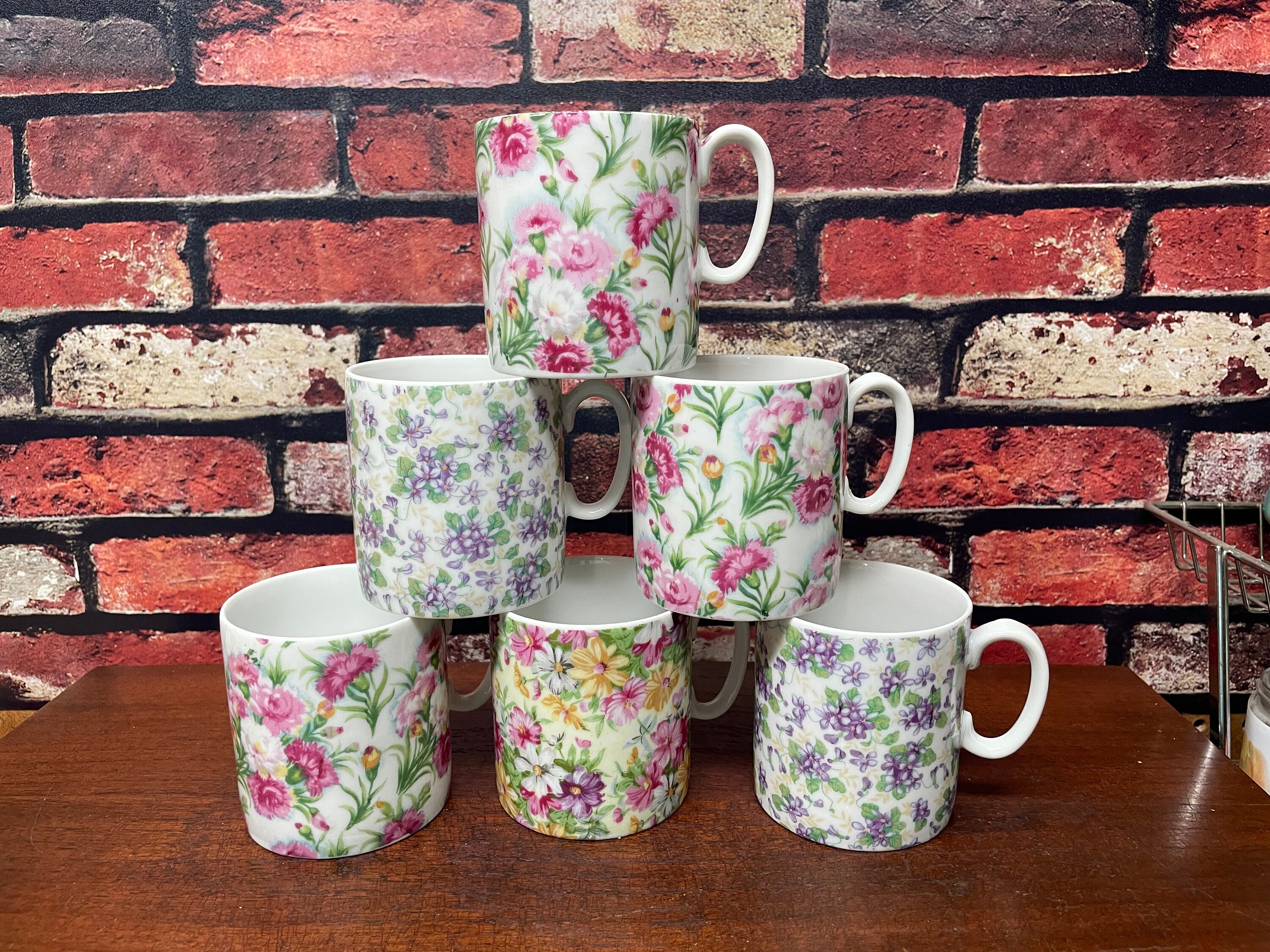 YöL Eucalyptus New Bone China Coffee Mugs - Set Of 6 - Floral Pattern, Dishwasher Safe