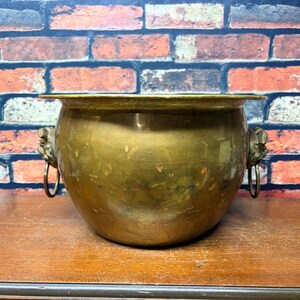 May include: A round brass planter with a wide, flat rim and a smooth, polished surface. The vessel features two decorative lion head handles on opposite sides, each holding a circular brass ring. The metal has a warm, golden-brown patina.