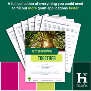 May include: A green background with a stack of papers with the text "Let's Grow Change Together" and a grant proposal for planting trees in abandoned fields. The proposal is from the City of Anywhere, Month 1, 3050. The text "websbeurt.org" and a phone number are at the bottom of the page.