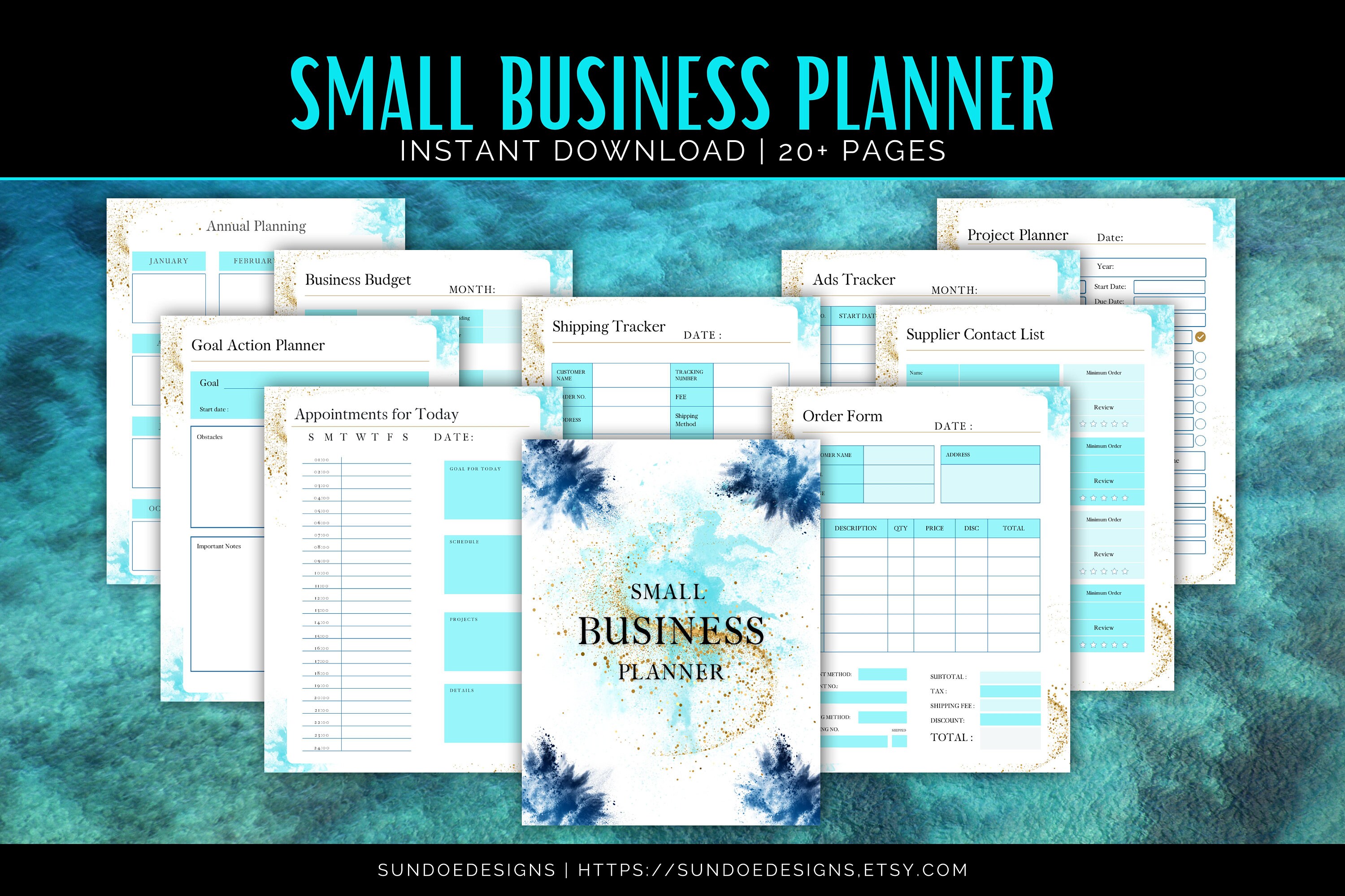 Small Business Planner, Blue and Gold Aesthetic Planner, Elegant Planner for Small Businesses ...