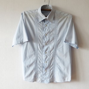 Vintage Embroidered Light Blue Shirt: Men&#39;s Short Sleeve Button Up, Size Large