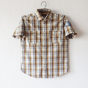Plaid Men Shirt Short Sleeve Shirt Brown Plaid Shirt Button up Checked Shirt Cotton Summer Shirt Mens Work Wear Boyfriend gift Size Small