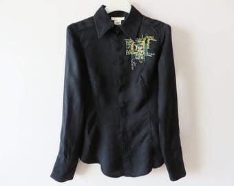 Black DIESEL Blouse Black Women Shirt Embroidered Shirt Long Sleeve Blouse Fitted Black Shirt Silky Viscose Blouse Beads Embroidery XS Small