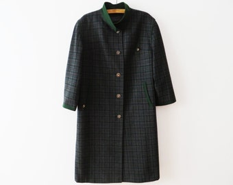 Vintage Plaid Loden Coat Wool Winter Trenchcoat Women Wool Coat Grey Green Trachten Winter Coat Stand Collar Coat Tirolean Coat Size Large