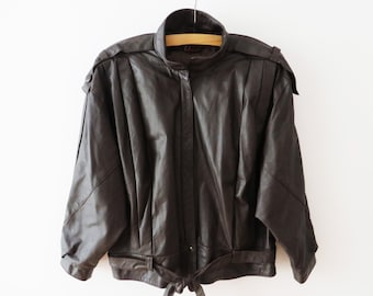 Vintage 80s 90s Leather Bomber Jacket Brown Leather Jacket Genuine Leather Jacket Cropped Leather Jacket Large Size Leather Jacket