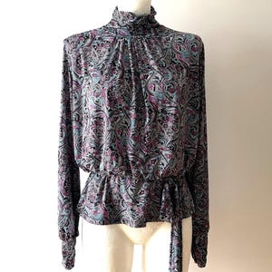Patterned blouse, bright paisley print women&#39;s top with turtleneck, long sleeve office top, gift idea for her, size medium