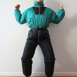 Vintage 80s One Piece Snowsuit Warm One Piece Ski Suit All in One Suit Green Black Hipster Snow Pants Winter Snow Gear Snowboard Suit Small