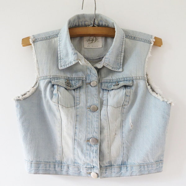 Women Denim Vest Cropped Bleached Short Denim Waistcoat Metal Buttons Light Blue Denim Jean Western Style Vest Gift for Her Size Small