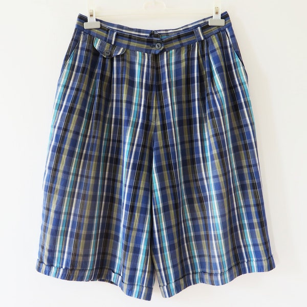 Vintage 80s Blue Women Shorts Plaid High Waist Culottes Checkered Wide Leg Short Trousers Summer Festival Pants Gift for Her Large Size