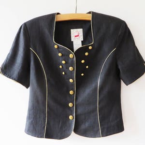 Vintage 80s Black Linen Jacket Golden Buttons Cropped Summer Blazer Shoulder Pads Fitted Short Sleeve Jacket Women Office Wear Size Large