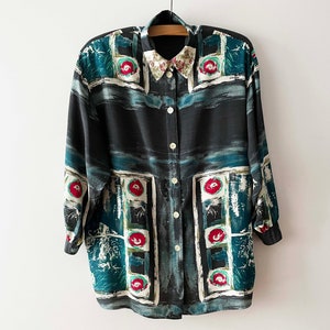 80&#39;s Women viscose blouse, Abstract print shirt, long sleeve top, button up hipster chemise, Shoulder pads blouse, xl Large size