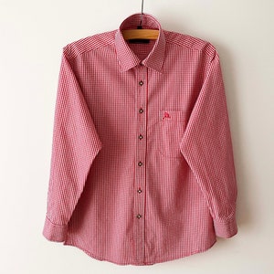 90s Men loden shirt, Red gingham plaid chemise, Embroidered button up trachten singlet, long sleeve chemise, Austrian shirt, size medium