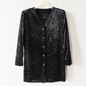 Vintage 80s Black Velvet Blouse Burnout Velvet Tunic Women Boho Button up Padded Blouse Bohemian Shirt Lightweight Jacket Size Medium Blouse