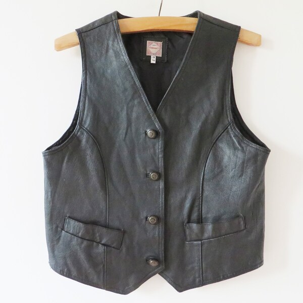 Vintage negro cuero chaleco mujeres biker chaleco Steampunk chaqueta botones hasta chaleco equipado cuero genuino Boho chaleco cuero fetiche tamaño medio