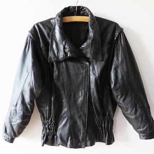 Vintage 80s Black Leather Jacket Black Biker Jacket Cropped Women Leather Coat Motorcycle Jacket Leather Outerwear Leather Fetish Large