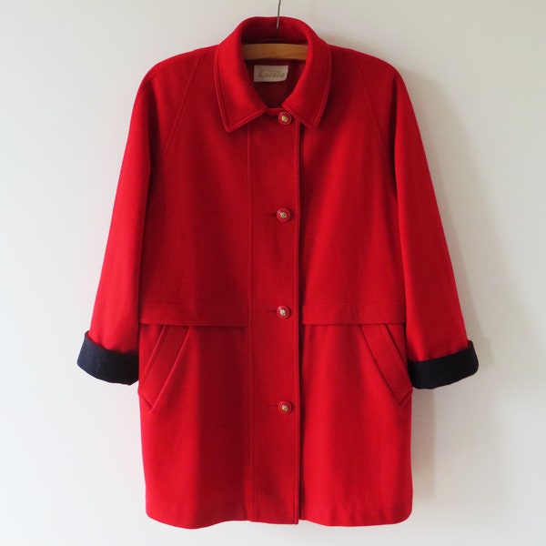 80s Red Parka Coat Women Short Wool blend Coat with Shoulder Pads Bright Long Jacket Femme Fatale Gift for Women XL Large