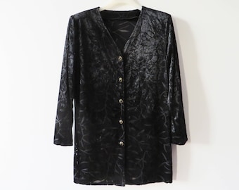 Blusa vintage de terciopelo negro desgastado de los años 80: túnica bohemia, talla mediana