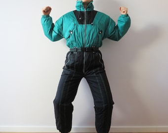 Vintage 80s One Piece Snowsuit: Green & Black Winter Ski Suit (Small, 30-33" Waist